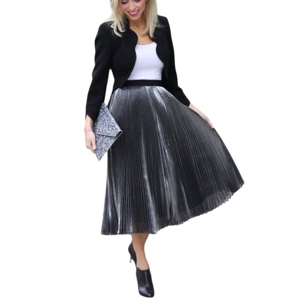 Rebecca Taylor Lurex Silk Blend Pleated Shimmering Skirt Charcoal Silver Size 2